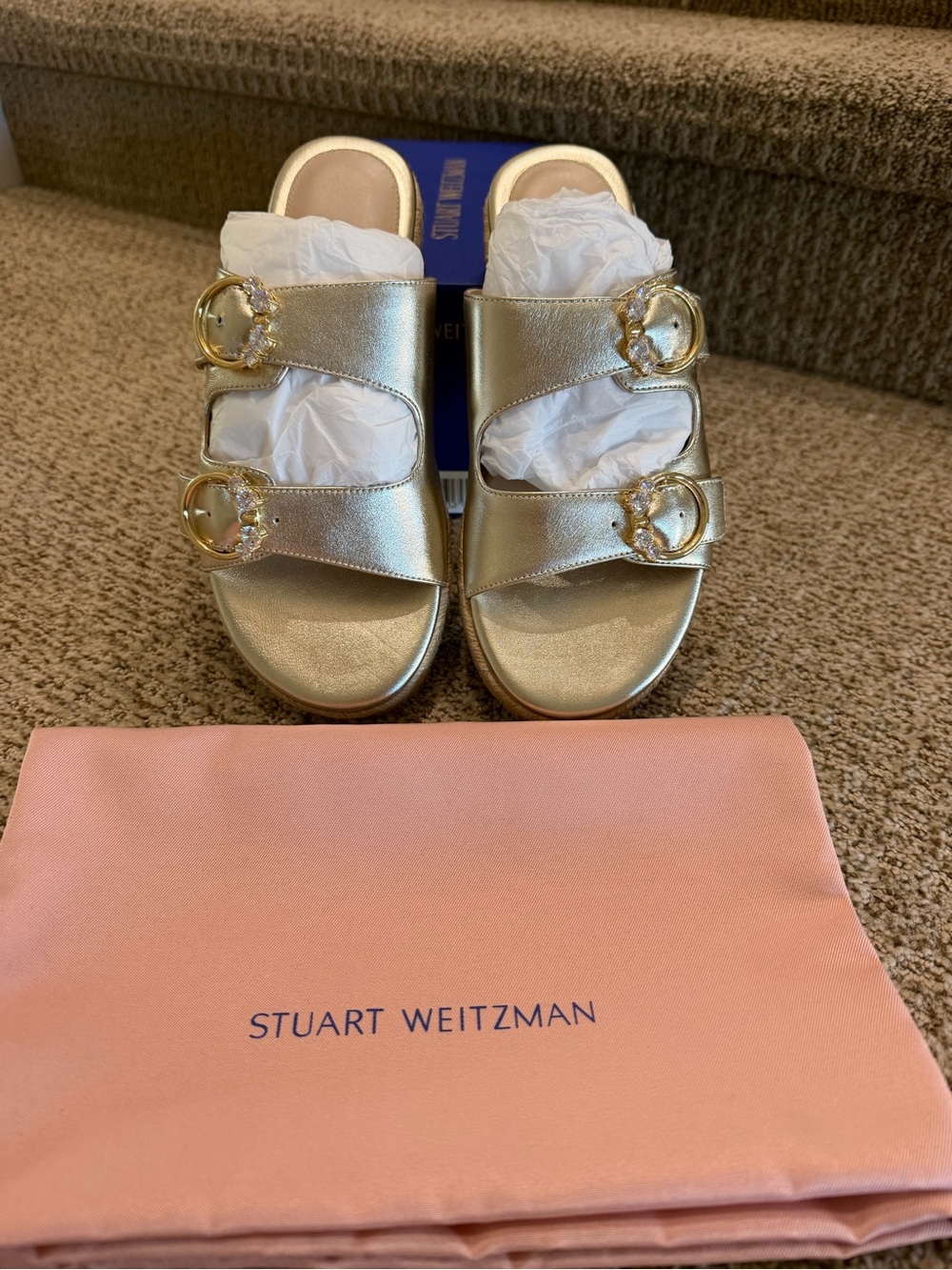 Stuart Weitzman Metallic Gold Crystal ESLR Slide Sandals